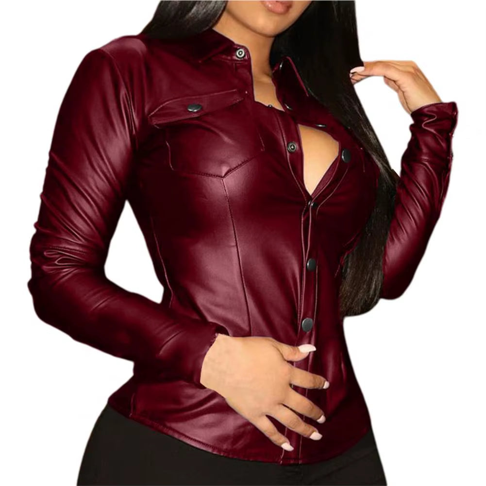 Faux Leather Blouse Women Shirts Single Breasted Long Sleeve Lapel Shirts for Women Slim Top Ladies Leather Shirts Female Blouse